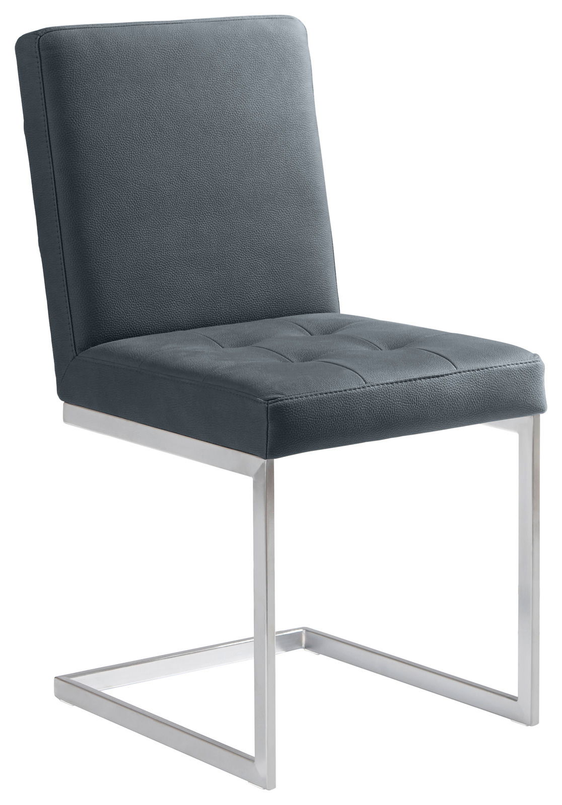 Freischwinger-Stuhl mit grauem Polster und Metallgestell, seitliche Perspektive