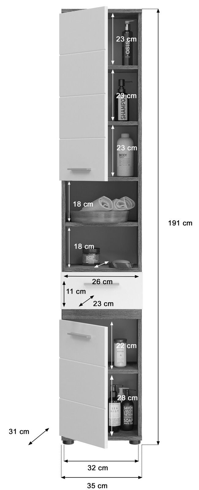 Hochschrank mit mehreren Fächern und Schublade, ideal für Badezimmer, mit geöffneter Türansicht.