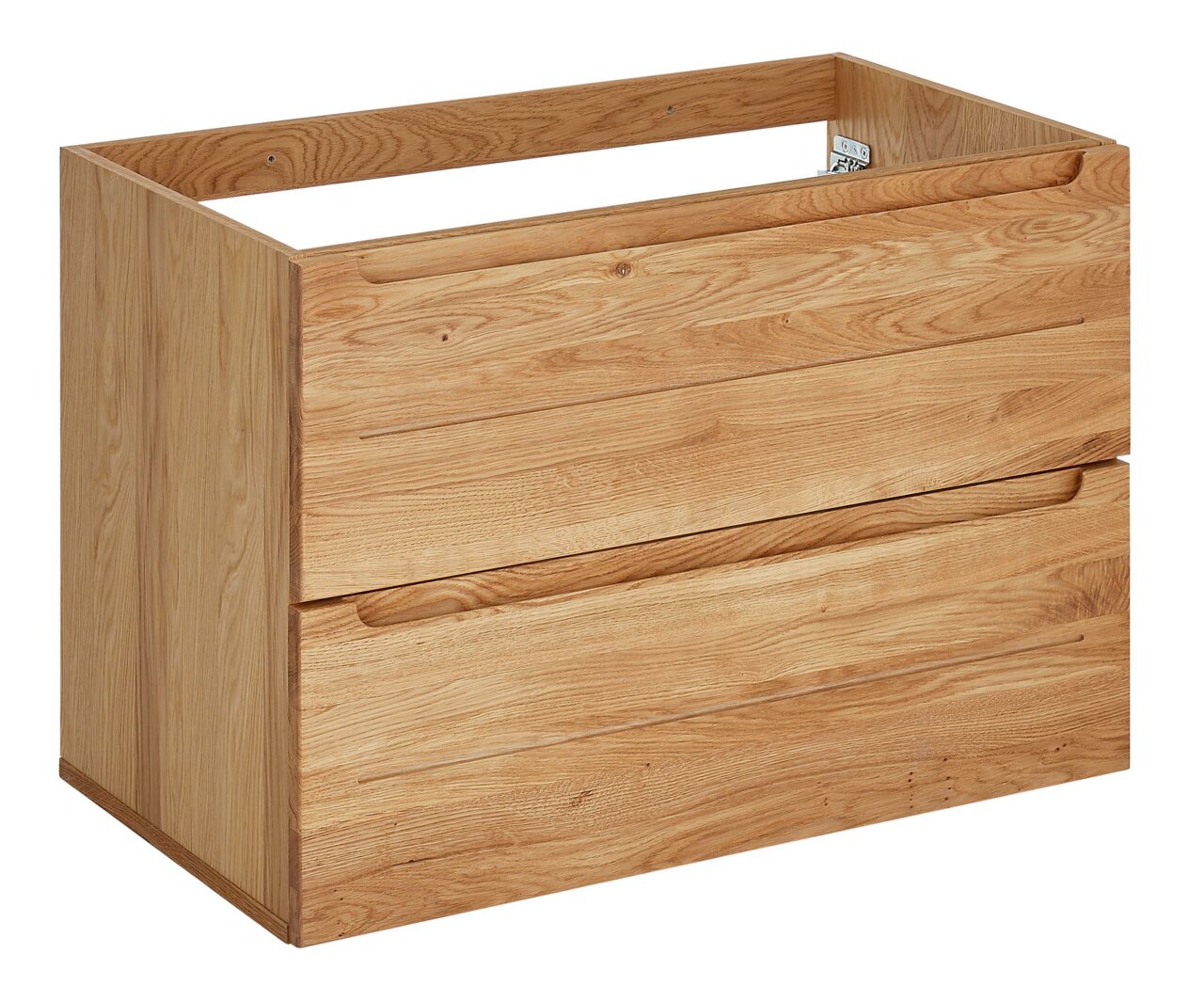 Waschtischunterschrank aus Holz mit zwei Schubladen, seitliche Perspektive