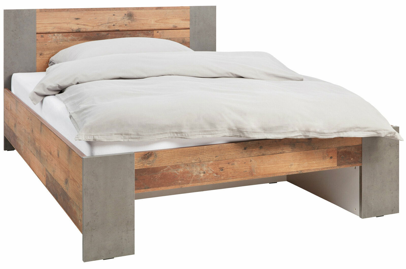 Bett aus Holz und Betonoptik, seitliche Perspektive