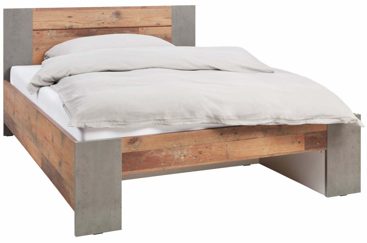 Bett aus Holz und Betonoptik, seitliche Perspektive