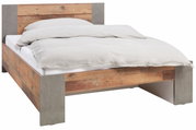 Bett aus Holz und Betonoptik, seitliche Perspektive