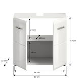 Weißer Waschbeckenunterschrank mit zwei Türen, geöffnet, zeigt Innenregal. Frontale Perspektive mit Maßangaben.
