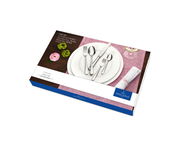 Verpackung des 30-teiligen Tafelbestecks Oscar von oben, mit Gabel, Messer und Löffel auf einem Teller arrangiert.