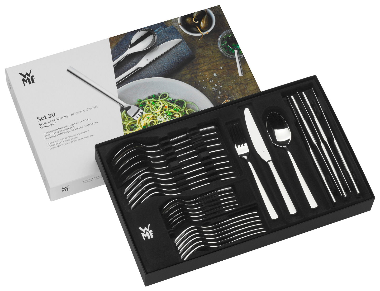 Besteckset Boston 30-teilig in geöffneter Verpackung, Vogelperspektive