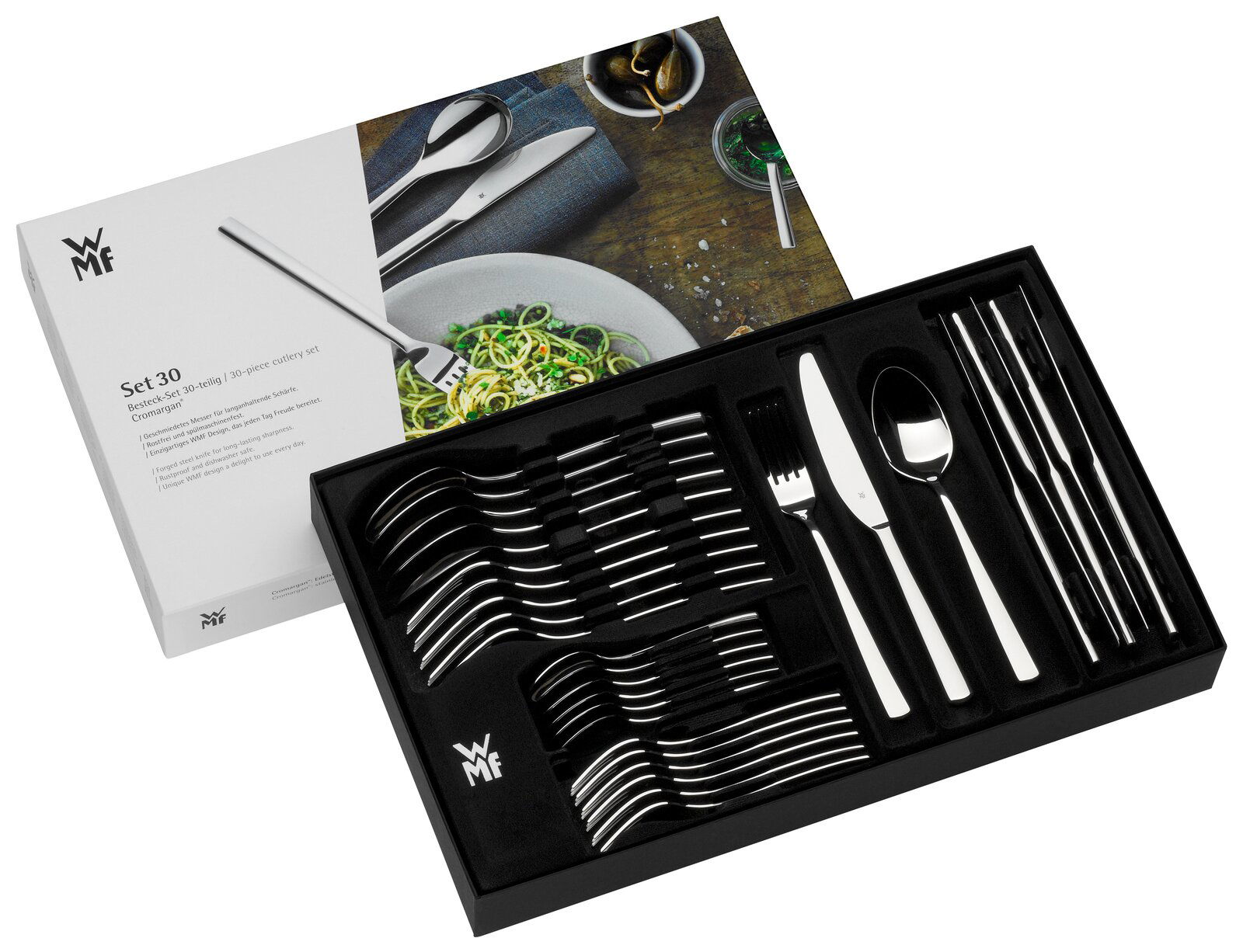 Besteckset Boston 30-teilig in geöffneter Verpackung, Vogelperspektive