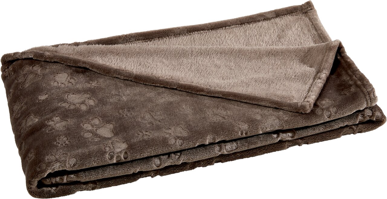 Esposa Wohndecke Gefaltete braune Wohndecke mit Pfotenmuster, von oben betrachtet.