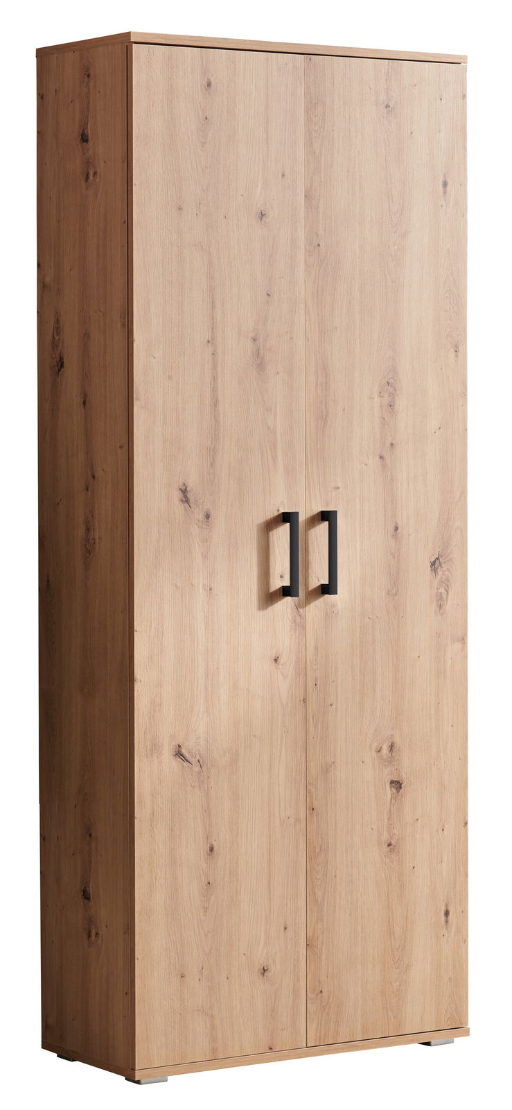 XL-Schuhschrank aus Holz mit zwei Türen und schwarzen Griffen, seitliche Perspektive