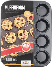 Muffin-Blech mit 12 Formen, teilweise mit gebackenen Muffins gefüllt, aus der Vogelperspektive.