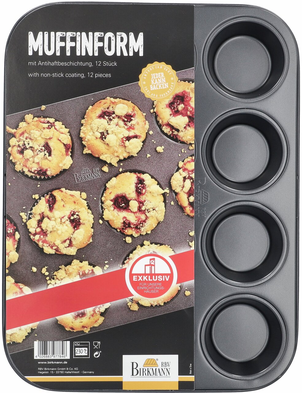 Muffin-Blech mit 12 Formen, teilweise mit gebackenen Muffins gefüllt, aus der Vogelperspektive.