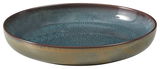 Keramikteller in Blau- und Grüntönen mit strukturierter Oberfläche, seitliche Perspektive