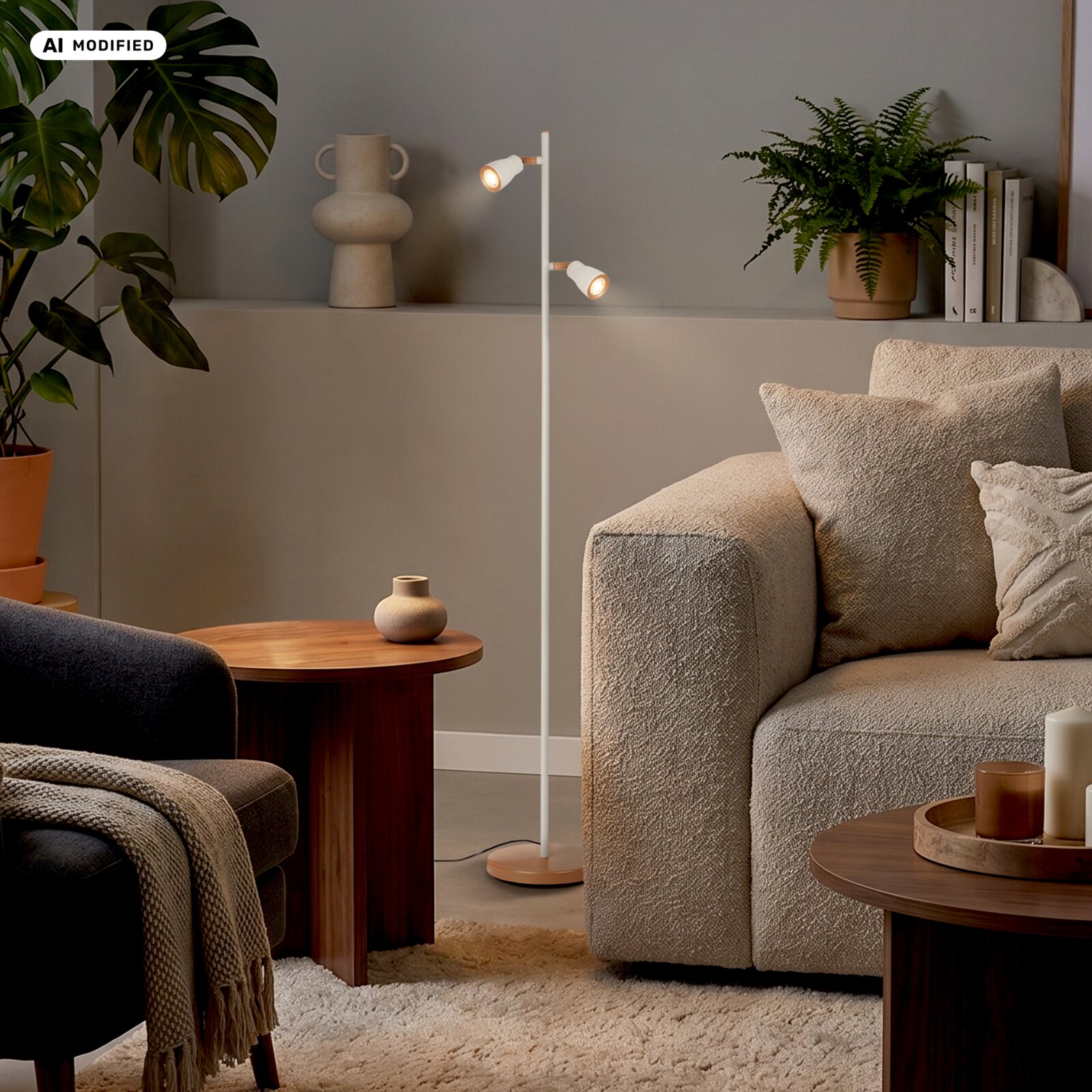 Briloner LED-Stehleuchte RIFF Weiße, schlanke Stehleuchte mit zwei verstellbaren Spot-Köpfen in modernem Wohnzimmer neben beigem Sofa, Frontansicht auf Augenhöhe