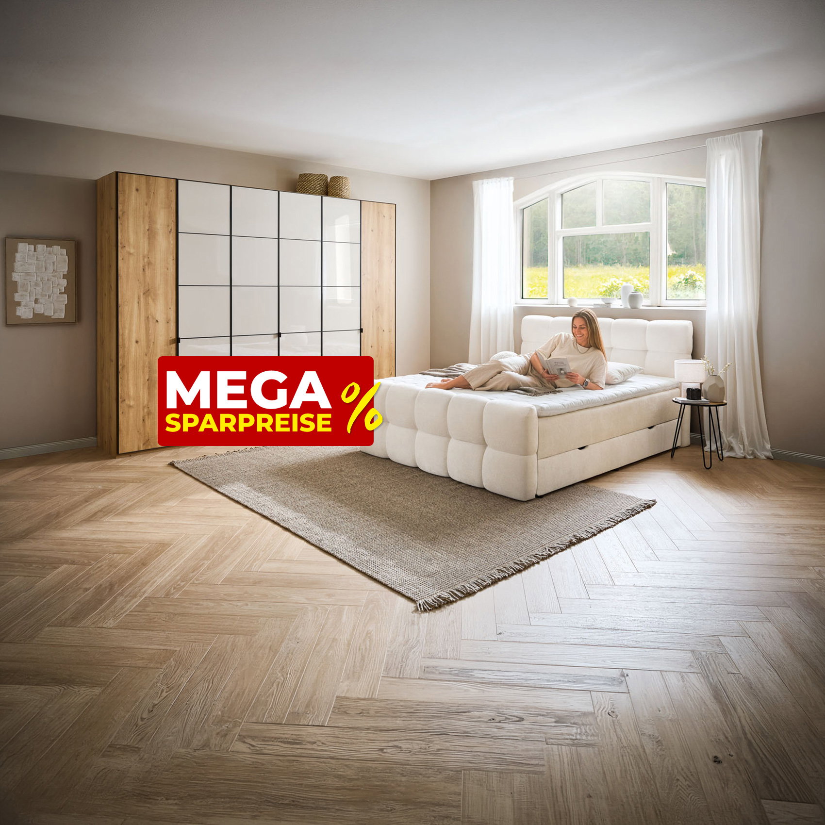 Frau entspannt auf gepolstertem Bett im hellen Schlafzimmer mit Kleiderschrank und Mega-Sparpreise-Aktion.