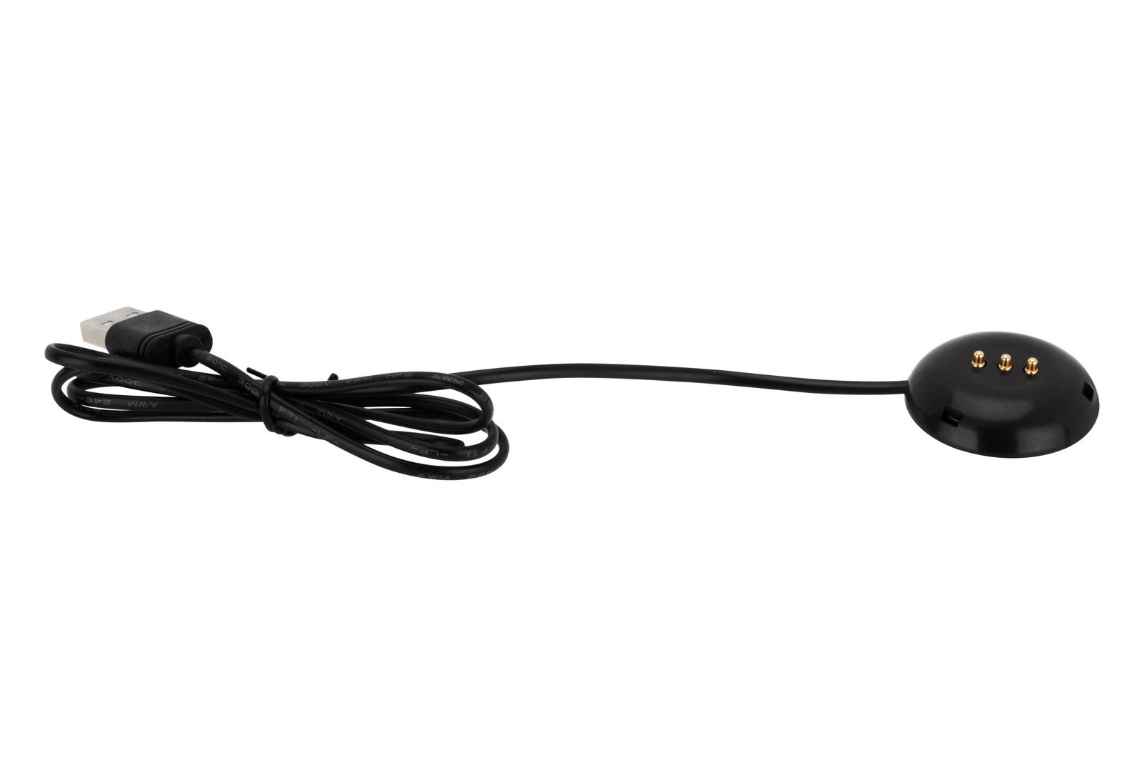Schwarzes USB-Ladekabel mit rundem Anschluss und drei goldenen Kontakten, seitliche Perspektive.