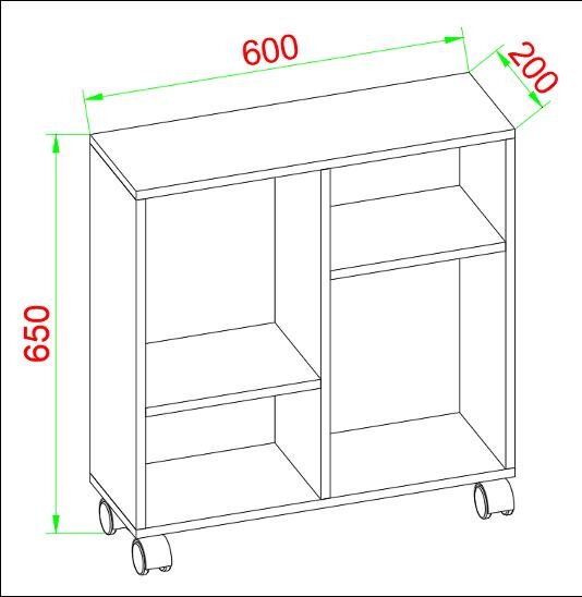 Technische Strichzeichnung eines rollbaren Regals/Schranks mit zwei offenen Fächern und Zwischenböden, Maße ca. 600 × 200 × 650 mm, dargestellt in schräger Perspektive von vorne links.