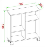 Technische Strichzeichnung eines rollbaren Regals/Schranks mit zwei offenen Fächern und Zwischenböden, Maße ca. 600 × 200 × 650 mm, dargestellt in schräger Perspektive von vorne links.