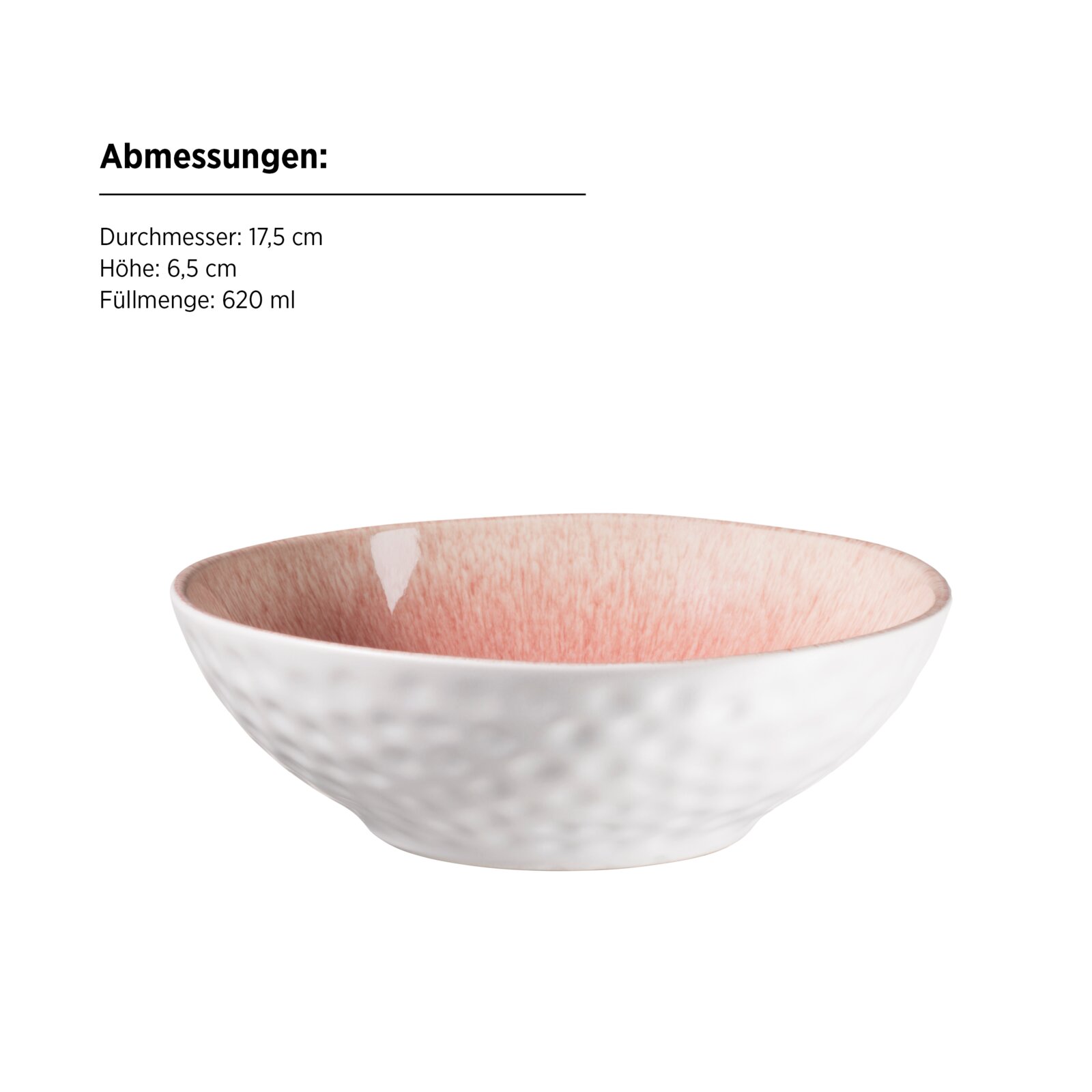 Weiß-rosa Schale mit strukturierter Außenseite und rosafarbener Glasur innen, aus leicht erhöhter Frontperspektive; Ø 17,5 cm, Höhe 6,5 cm, Füllmenge 620 ml