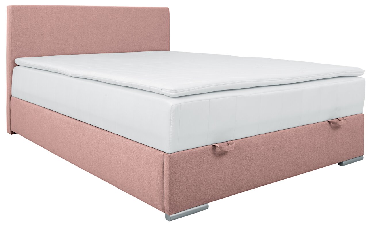 Boxbed 140 in roze, zijaanzicht, met gestoffeerd hoofdeinde en wit matras