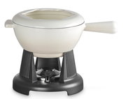 Fondue-Set Meringue in seitlicher Perspektive mit weißem Topf und schwarzem Ständer