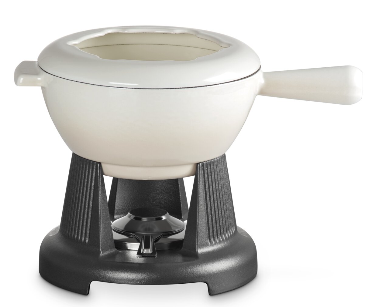 LE CREUSET Fondue Set Meringue MODE Fondue-Set Meringue in seitlicher Perspektive mit weißem Topf und schwarzem Ständer