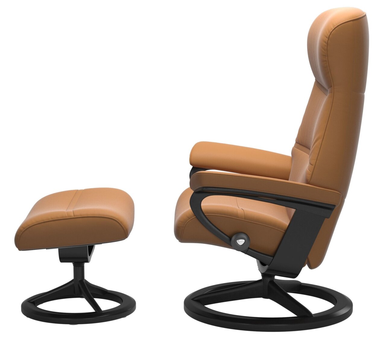 Zijaanzicht van een bruine fauteuil met bijpassende voetenbank, beide met een zwart metalen frame.