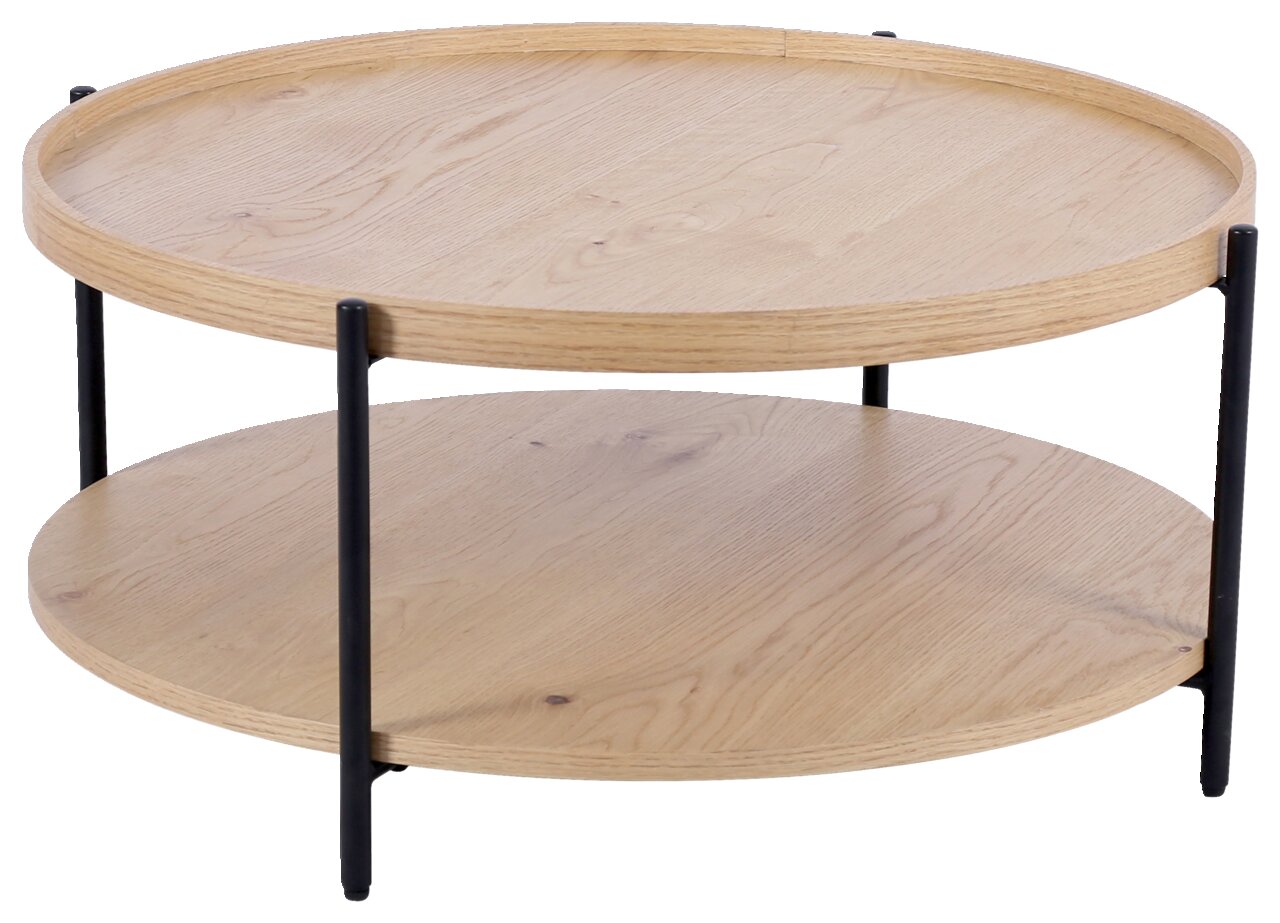 Runder Couchtisch aus hellem Holz mit zwei Ebenen und schwarzen Metallbeinen, seitliche Perspektive