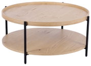 Runder Couchtisch aus hellem Holz mit zwei Ebenen und schwarzen Metallbeinen, seitliche Perspektive