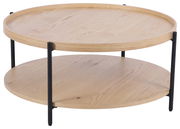 Runder Couchtisch aus hellem Holz mit zwei Ebenen und schwarzen Metallbeinen, seitliche Perspektive