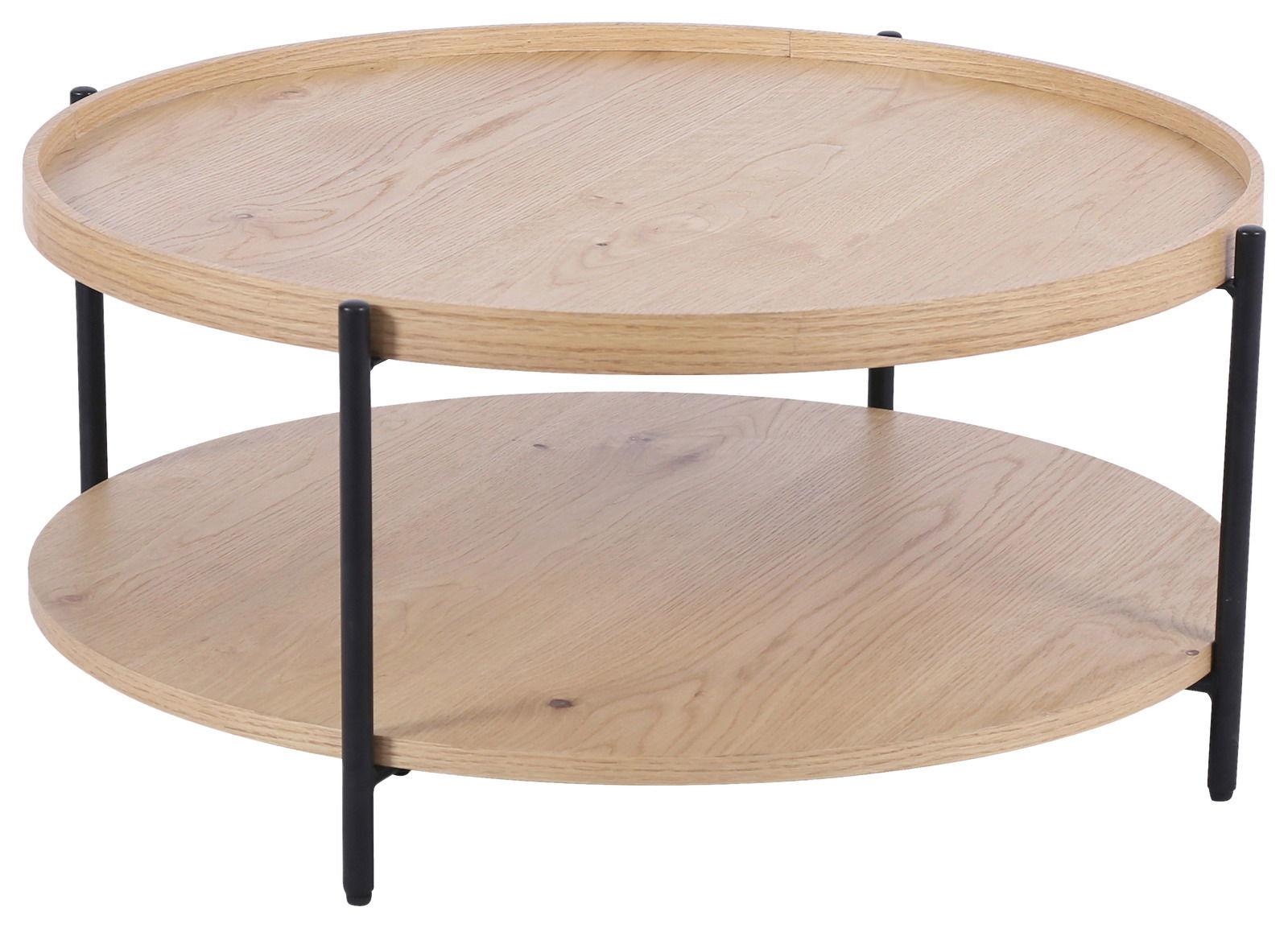 Runder Couchtisch aus hellem Holz mit zwei Ebenen und schwarzen Metallbeinen, seitliche Perspektive