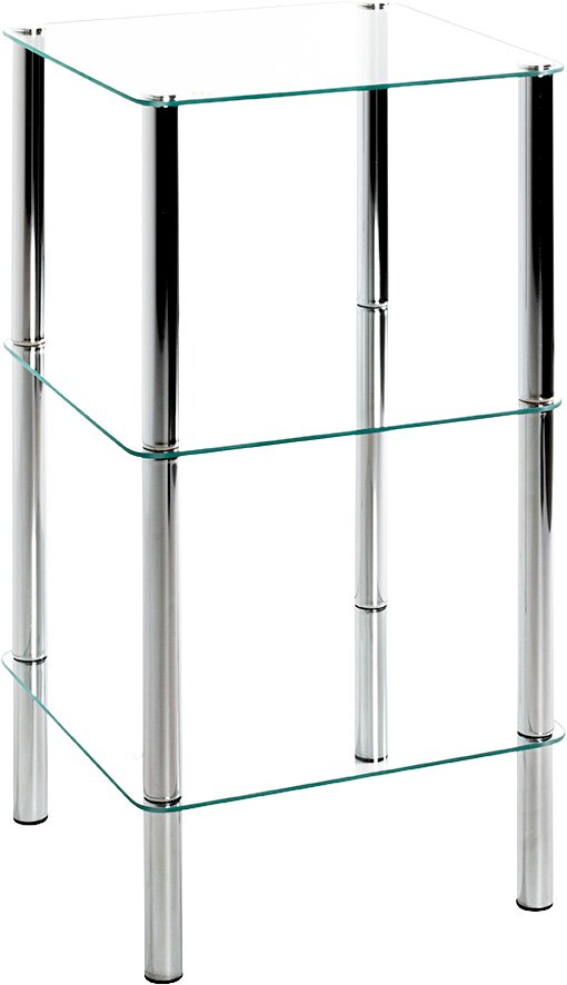 Dreistöckiges Glasregal mit drei transparenten Glasböden und verchromten Rundrohrbeinen, schräg von vorne fotografiert