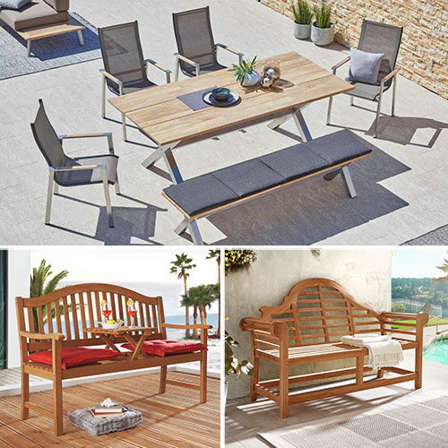 Eine Collage aus Gartenmöbeln. Darunter 2 Bänke aus Holz und einem Tisch mit Stühlen und einer Bank.
