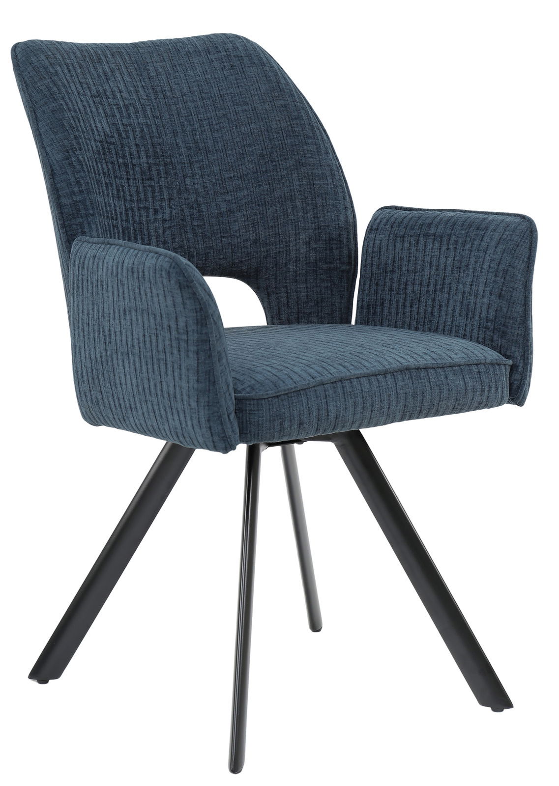 Blauer Armlehnstuhl mit schwarzem Metallgestell, seitliche Perspektive