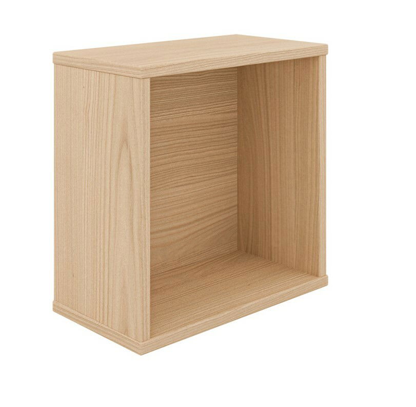 Quadratische Wandbox aus Holz in natürlicher Holzoptik, seitliche Perspektive