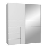 Moderner weißer Schwebetürenschrank mit zwei Türen, davon eine mit Spiegel, und drei Schubladen, Frontalansicht.