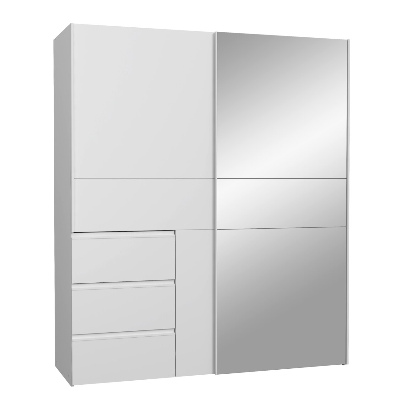 Moderner weißer Schwebetürenschrank mit zwei Türen, davon eine mit Spiegel, und drei Schubladen, Frontalansicht.