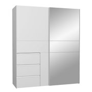 Moderner weißer Schwebetürenschrank mit zwei Türen, davon eine mit Spiegel, und drei Schubladen, Frontalansicht.