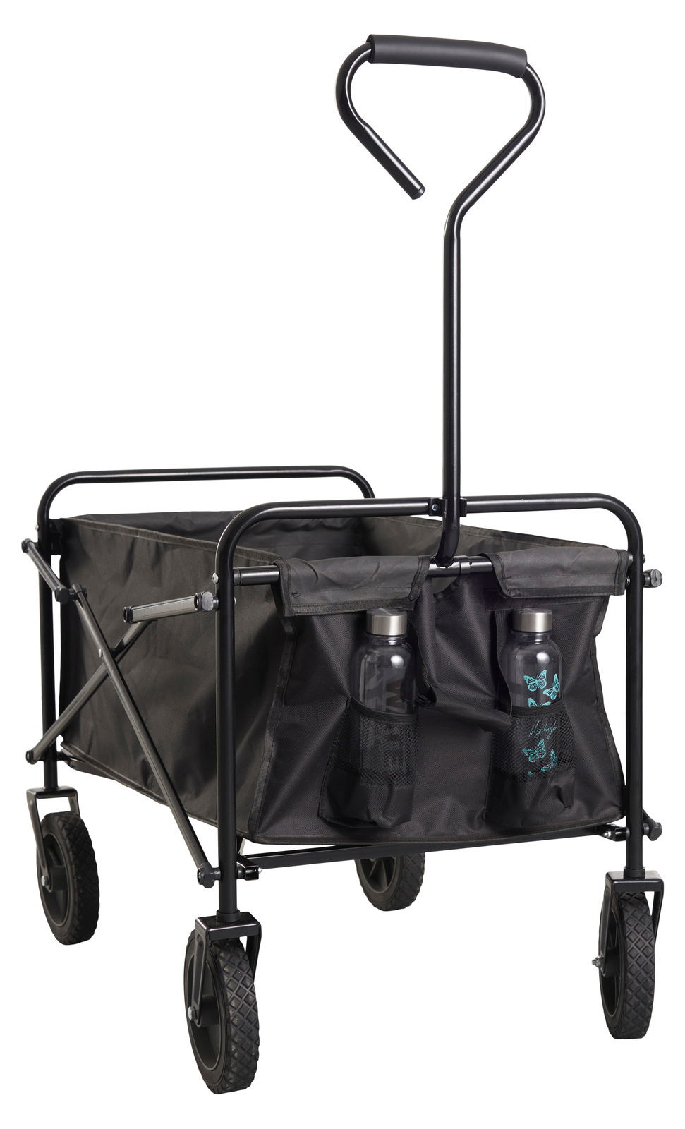 Faltbarer Bollerwagen in schwarzer Farbe, seitliche Perspektive, mit zwei Flaschenhaltern vorne und robusten Rädern.