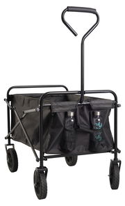Faltbarer Bollerwagen in schwarzer Farbe, seitliche Perspektive, mit zwei Flaschenhaltern vorne und robusten Rädern.
