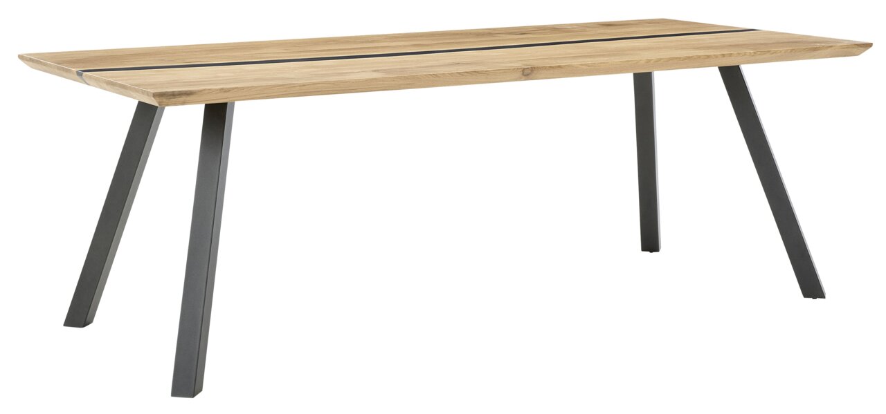 Moderner Esstisch aus Holz mit Metallbeinen, seitliche Perspektive