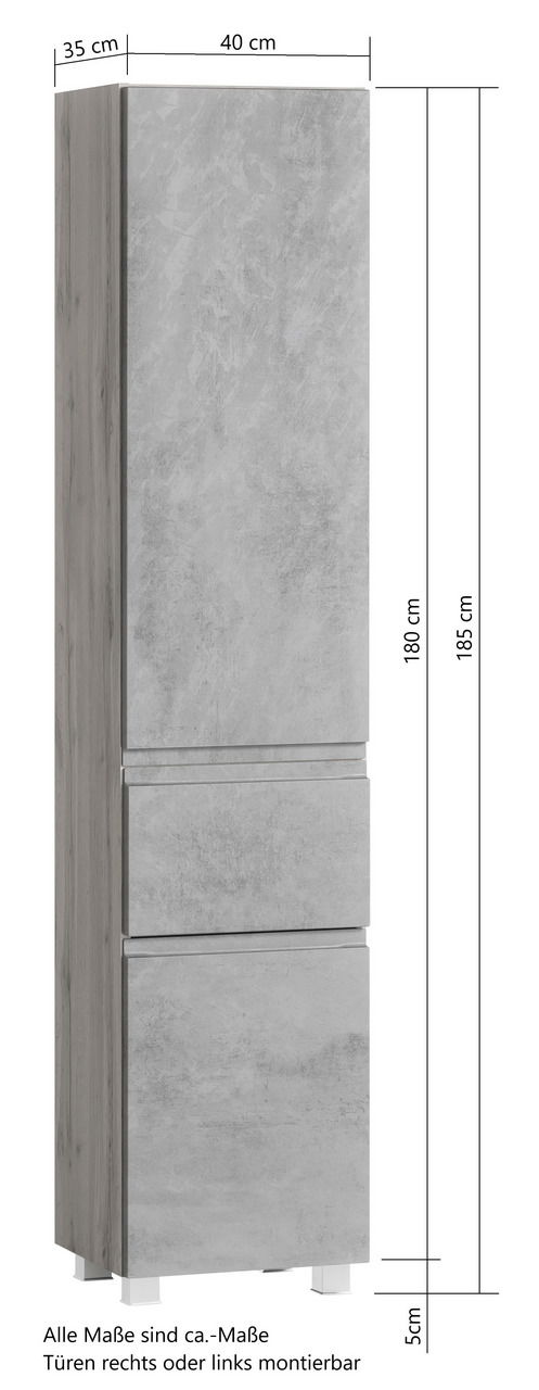 Hochschrank in Betonoptik, frontale Perspektive, mit drei Türen und verstellbaren Füßen, Maße: 40 cm Breite, 35 cm Tiefe, 185 cm Höhe.