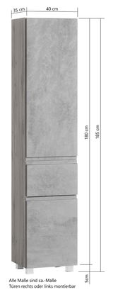 Hochschrank in Betonoptik, frontale Perspektive, mit drei Türen und verstellbaren Füßen, Maße: 40 cm Breite, 35 cm Tiefe, 185 cm Höhe.