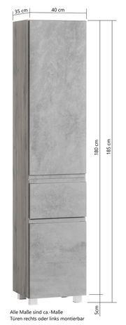 Hochschrank in Betonoptik, frontale Perspektive, mit drei Türen und verstellbaren Füßen, Maße: 40 cm Breite, 35 cm Tiefe, 185 cm Höhe.