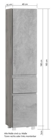 Hochschrank in Betonoptik, frontale Perspektive, mit drei Türen und verstellbaren Füßen, Maße: 40 cm Breite, 35 cm Tiefe, 185 cm Höhe.