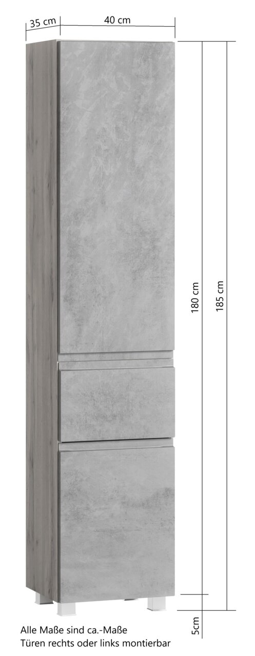 Hochschrank in Betonoptik, frontale Perspektive, mit drei Türen und verstellbaren Füßen, Maße: 40 cm Breite, 35 cm Tiefe, 185 cm Höhe.