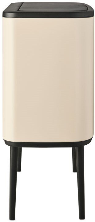 Beiger Abfalleimer mit schwarzem Deckel und vier schwarzen Beinen, Seitenansicht
