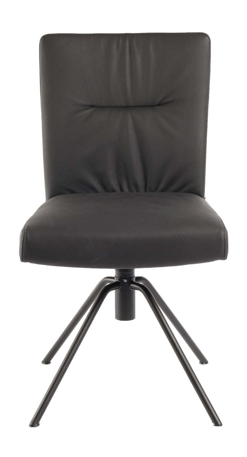 Moderner schwarzer Stuhl mit gepolsterter Rückenlehne und Metallbeinen, Frontalansicht