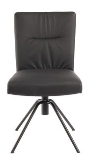 Moderner schwarzer Stuhl mit gepolsterter Rückenlehne und Metallbeinen, Frontalansicht