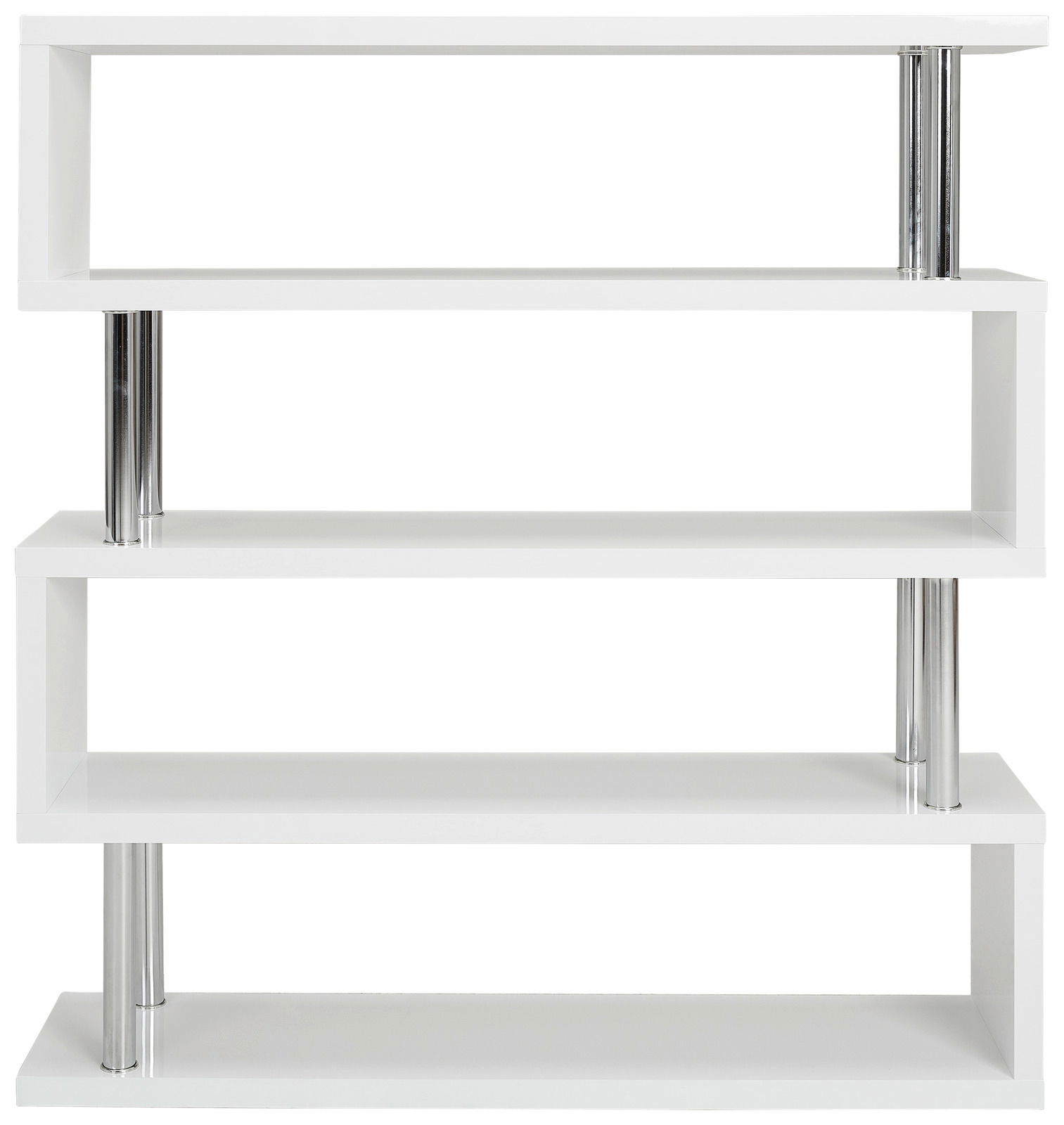 Weißes Regal XORA KAZUMI mit vier Ebenen und verchromten Stützen, frontale Ansicht