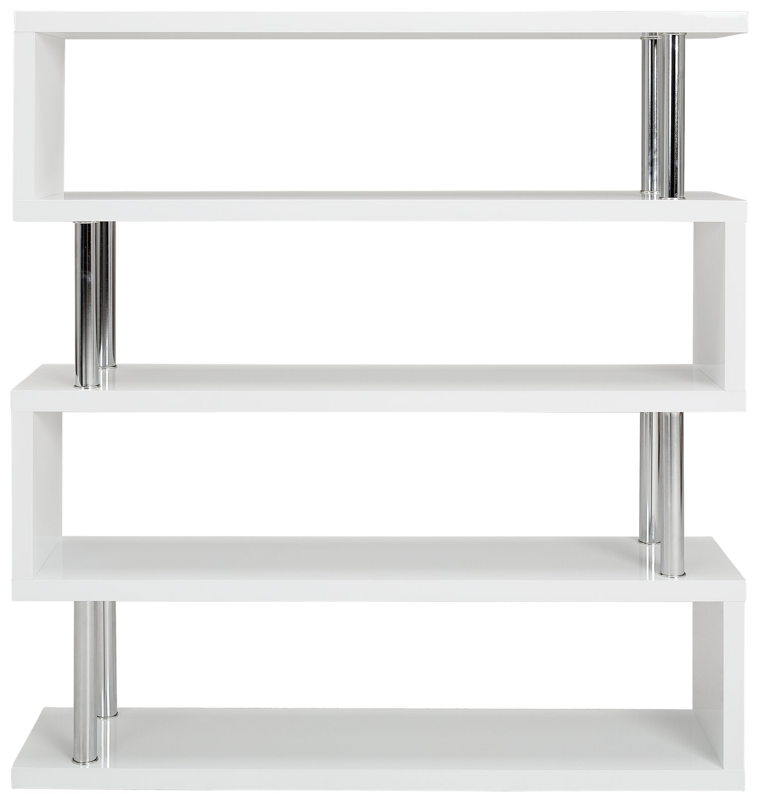 Weißes Regal XORA KAZUMI mit vier Ebenen und verchromten Stützen, frontale Ansicht