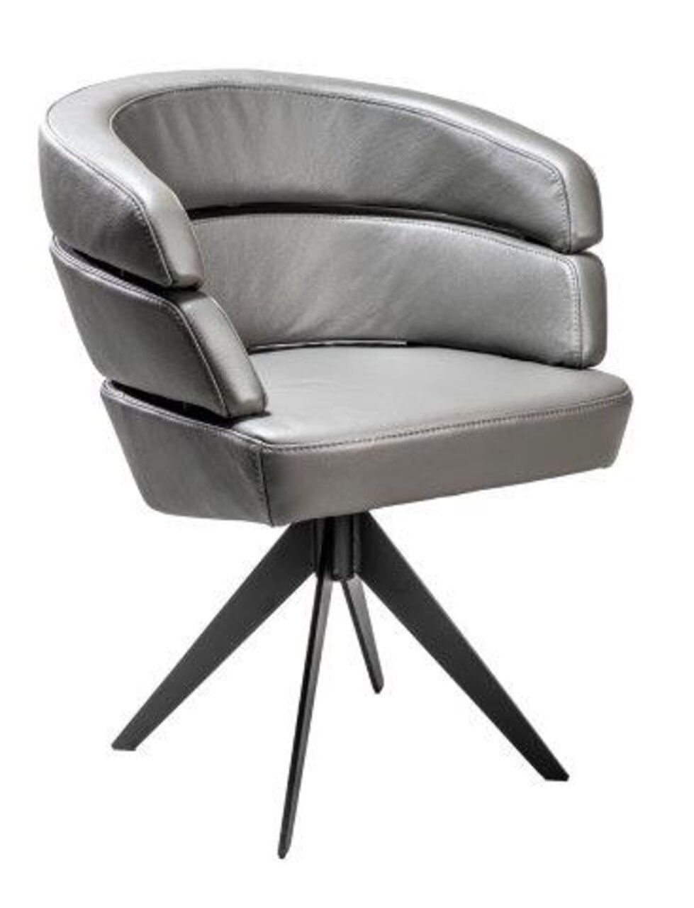 Moderne grijze fauteuil met gestoffeerde zitting en rugleuning, op een zwart metalen onderstel, zijaanzicht